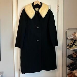 Vintage 1960s Black Swing Coat with Real Fur Collar